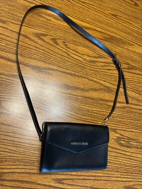 Michael Kors Black Leather Envelope Crossbody with Gold Tone Logo